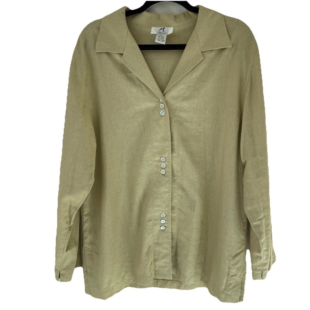 Vtg Linen Blend Womens Sz XL Button Up Blouse Beige Coastal Beach Lagenlook